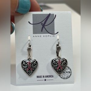 Breast Caner Heart Dangle Swarovski Crystal Pink Ribbon Silver Earrings